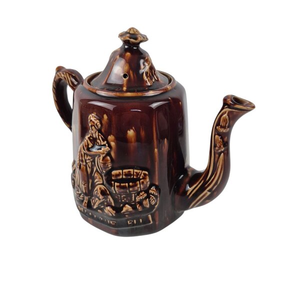 Vintage Rockingham Style Rebekah At The Well Coffee Tea Pitcher Brown Drip Glaze - Picture 2 of 10